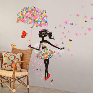 Colorful Butterflies Girl with Flower Umbrella Print Wall Sticker