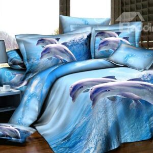 Cute Blue Dolphins Print Cotton Fitted Sheet