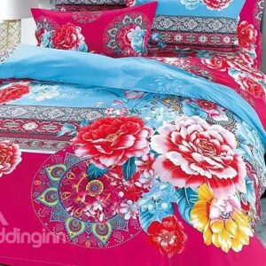 Charming Big Peonies Print Red 4-Piece Cotton Duvet Cover Sets