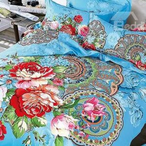 Blooming Peony Print Blue 4-Piece Cotton Duvet Cover Sets