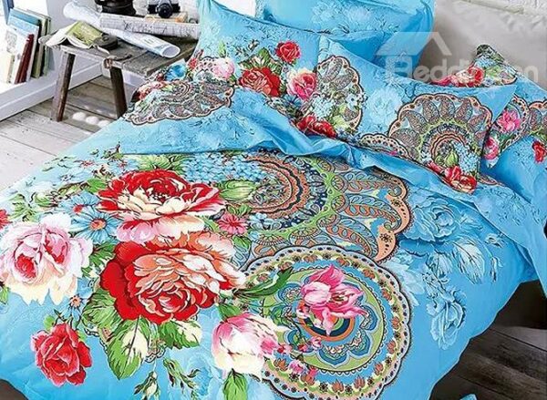 Blooming Peony Print Blue 4-Piece Cotton Duvet Cover Sets