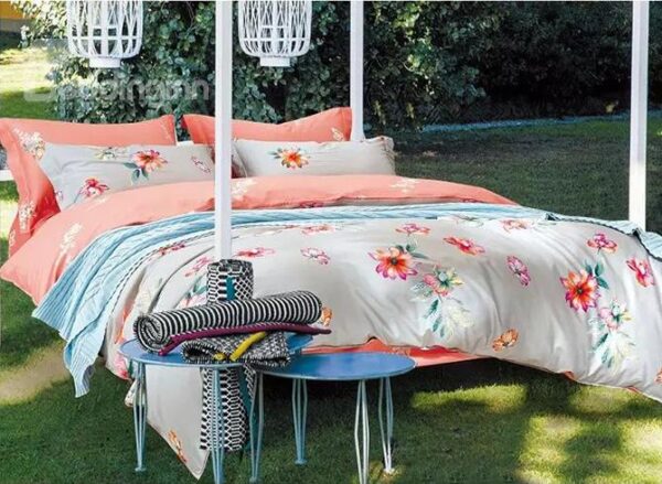 Pretty Small Flowers Printing Gray 4-Piece Cotton Duvet Cover Sets
