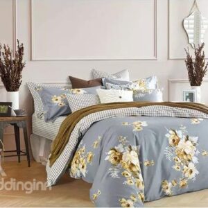 Yellow Flowers with Gray Background Design 4-Piece Cotton Duvet Cover Sets
