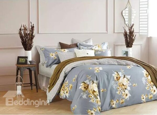 Yellow Flowers with Gray Background Design 4-Piece Cotton Duvet Cover Sets