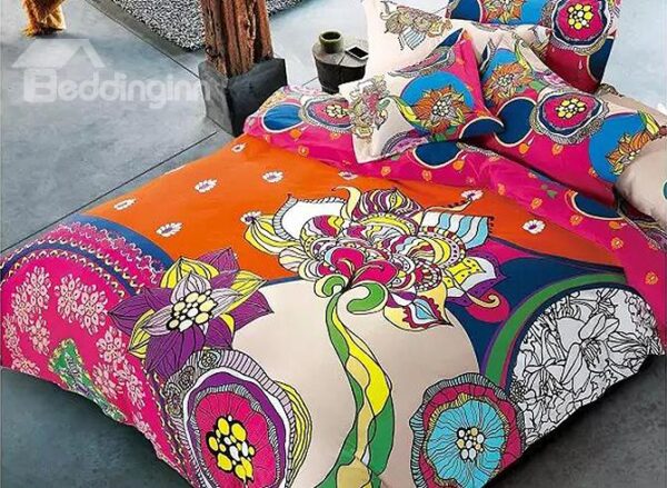Abstract Colorful Flowers Design Cozy Cotton 4-Piece Duvet Cover Sets