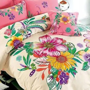 Graceful Big Colorful Flowers Print Beige Background 4-Piece Cotton Duvet Cover Sets