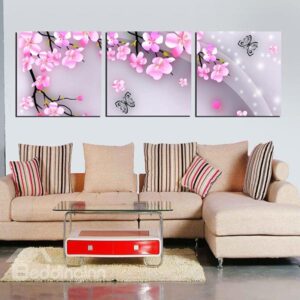 Lovely Little Pink Flowers and Butterfly 3-Panel Canvas Wall Art Prints