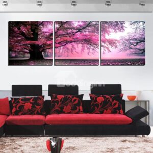 Marvelous Giant Tree with Red Leaves 3-Panel Canvas Wall Art Prints