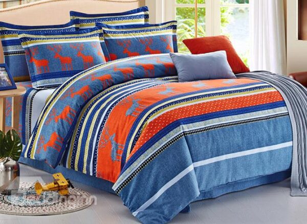 Reindeers Printing Blue 4-Piece Cotton Duvet Cover Sets