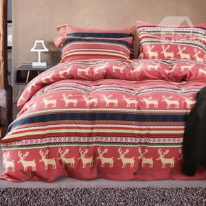 100% Cotton European Style Reindeer Design Red 4-Piece Duvet Cover Sets