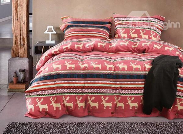 100% Cotton European Style Reindeer Design Red 4-Piece Duvet Cover Sets