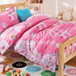 Flowers and Cute Owls Pattern Kids Cotton 3-Piece Duvet Cover Sets