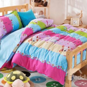 Colorful Rainbow Print Rabbit Pattern Kids Cotton 3-Piece Duvet Cover Sets