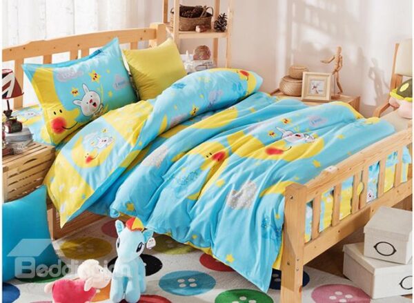 Lovely Moon and Little Rabbit Pattern Kids Cotton 3-Piece Duvet Cover Sets