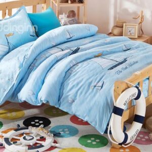 Sailing Boat in The Sea Print Kids Cotton 3-Piece Duvet Cover Sets