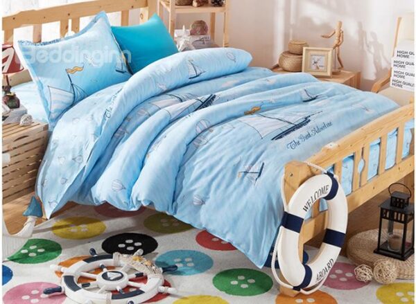 Sailing Boat in The Sea Print Kids Cotton 3-Piece Duvet Cover Sets