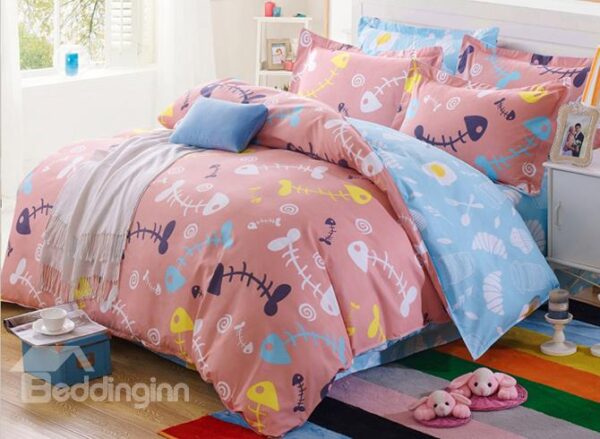 Light Pink Cute Fish Bones Pattern 4-Piece Duvet Cover Sets