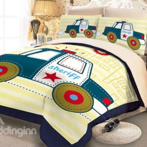 Super Cute Police Car Print Kids Duvet Cover Sets with Fitted Sheet