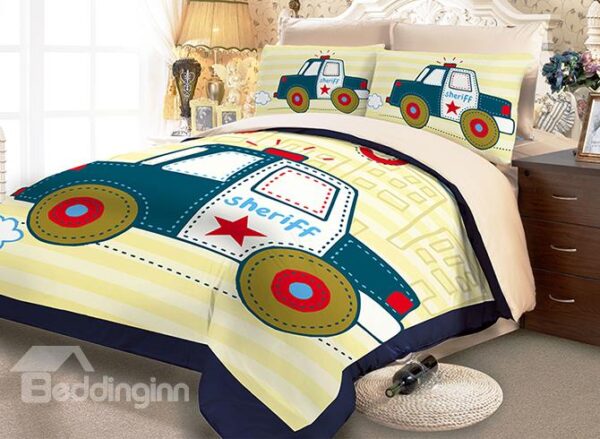 Super Cute Police Car Print Kids Duvet Cover Sets with Fitted Sheet