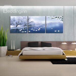 Picturesque Winter Snowing Frozen Lake and Swans 3-Panel Wall Art Prints