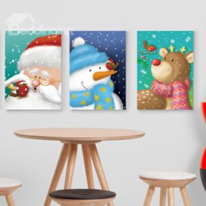 Festival Christmas Theme Santa Claus and Snowman and Deer Pattern 3-Panel Kidsroom Wall Art Prints