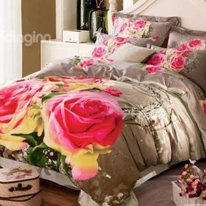Romantic Two Roses Printing Brown 4-Piece Cotton Duvet Cover Sets