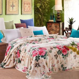 Graceful Red Peonies Printing with Beige Background Coral Fleece Blanket