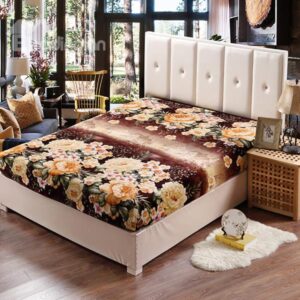Blooming Peonies Printing Anti-pull Brown Fitted Sheet
