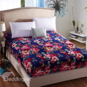 Colorful Flowers Printing Anti-pull Flannel Fitted Sheet