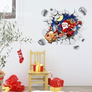 Christmas Decoration Santa Claus Riding on Sledge Through Wall Removable 3D Wall Sticker