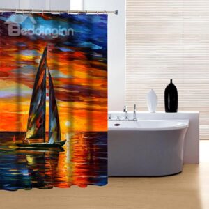 Aesthetic Design Oil Painting Sunset View and Sailing Boat 3D Shower Curtain
