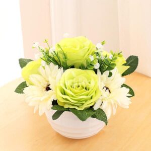 Wonderful Gorgeous Potted Green Roses Artificial Flower Set Desktop Decoration