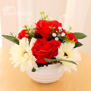 Gorgeous Red Roses and Daisy Artificial Flower Set Desktop Decoration