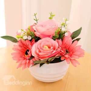Beautiful Gorgeous Potted Pink Roses Artificial Flower Set Desktop Decoration