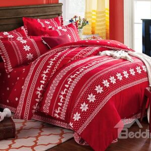 Christmas Snowflakes Reindeers Printing Red 100% Cotton 4-Piece Duvet Cover Sets