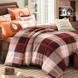 Cozy 100% Cotton Plaid 4-Piece Brown Duvet Cover Sets