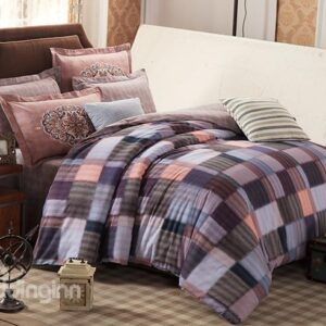 Classic Concise Plaid Style Cotton 4-Piece Duvet Cover Sets with Hidden Zipper