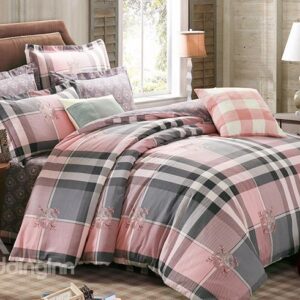 Plaid and Flowers Design Cotton 4-Piece Duvet Cover Sets