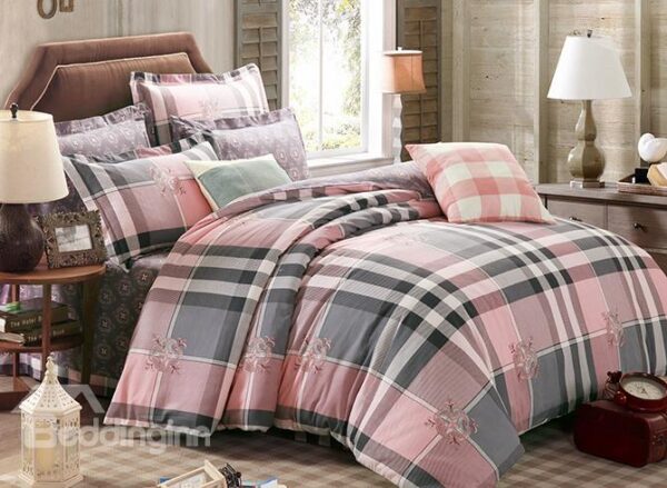 Plaid and Flowers Design Cotton 4-Piece Duvet Cover Sets
