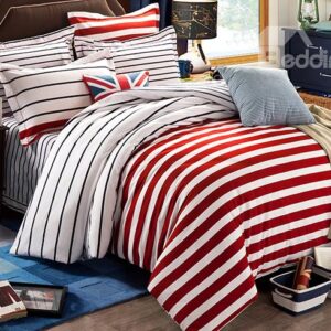 Concise Red Stripes Pattern 4-Piece Cotton Duvet Cover Sets