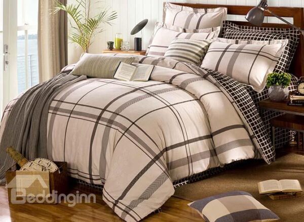 Plain Fashion Plaid Design Cotton 4-Piece Duvet Cover Sets