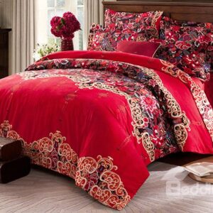 Fiery Red Jacquard Design Cotton 4-Piece Duvet Cover Sets