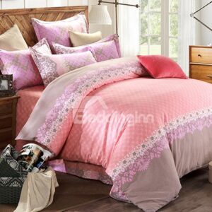 Sweet Pink 4-Piece Cotton Duvet Cover Sets with Hidden Zipper