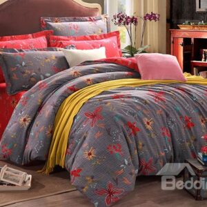 Dark Gay Background with Pretty Flowers Design 4-Piece Duvet Cover Sets