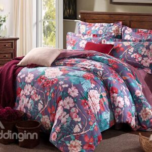 Rosy and Pink Flowers Printing with Purple Background 4-Piece Duvet Cover Sets