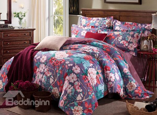 Rosy and Pink Flowers Printing with Purple Background 4-Piece Duvet Cover Sets