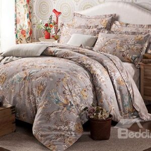Cute Birds on the Tree Printing Gray 4-Piece Cotton Duvet Cover Sets