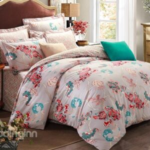 Exquisite Floral Printing Cotton Light Gray 4-Piece Duvet Cover Sets