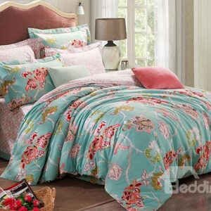 Exquisite Floral Printing Cotton Blue 4-Piece Duvet Cover Sets