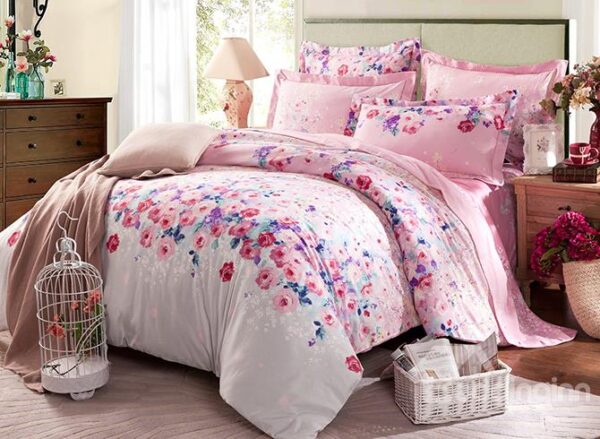 Sea of Flowers Sweet Pink 4-Piece Cotton Duvet Cover Sets